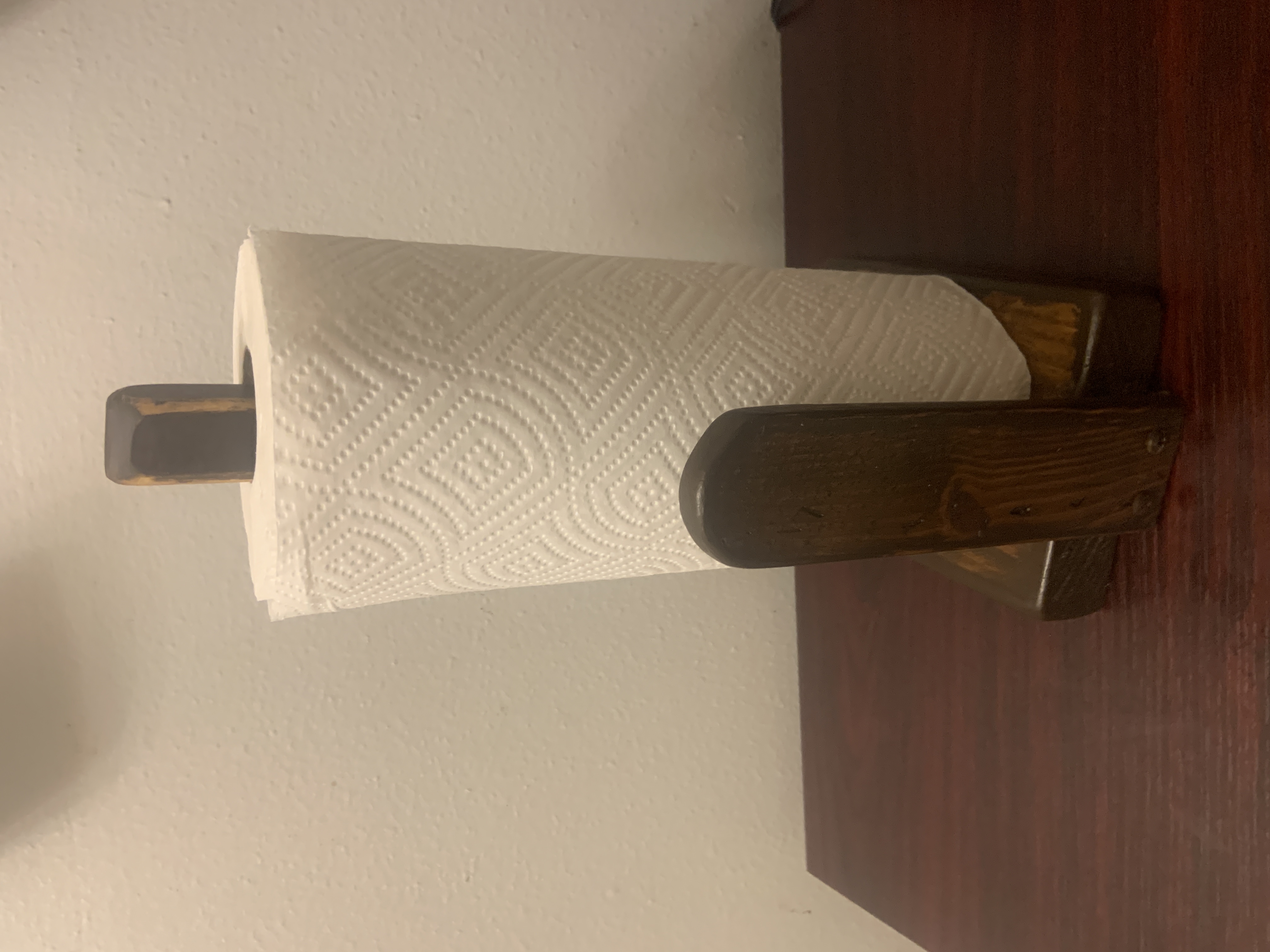 Walnut stained paper towel holder made from reclaimed Pinewood